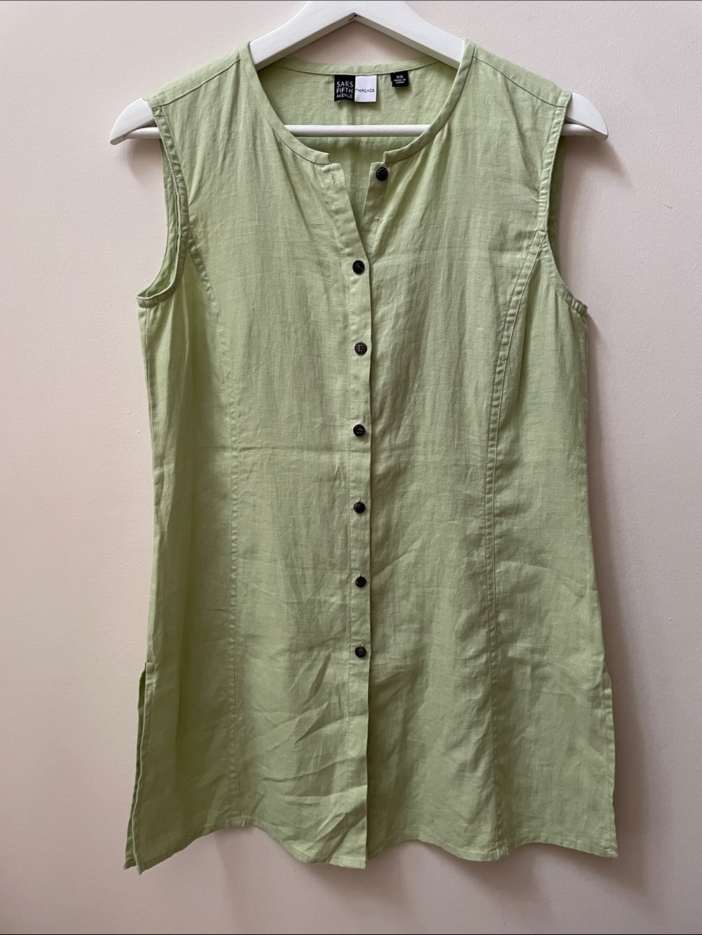 Saks Fifth Avenue Threads 100% Linen Sleeveless Button-Front Blouse Sage Green